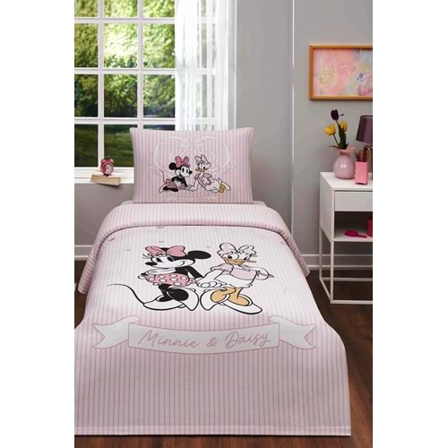 Özdilek Lisanslı Lastikli Çarşaflı Tek Kişilik Çocuk Pike Takımı-Minnie ve Daisy Pembe