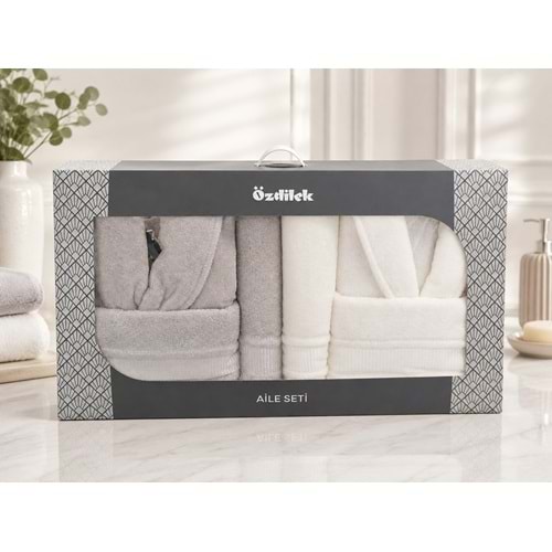 Özdilek Büyük Beden -Colourist Gri Krem- Aile Bornoz Seti (Erkek XL Bayan XL)