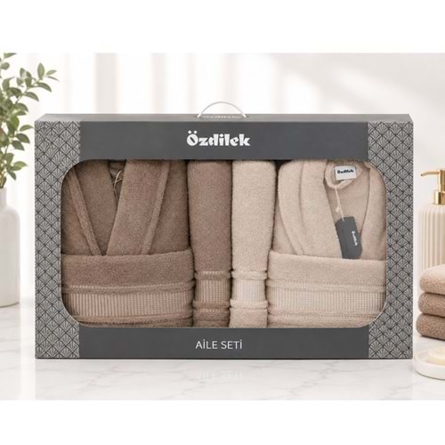 Özdilek Büyük Beden -Colourist Kahve Bej- Aile Bornoz Seti (Erkek XL Bayan L)