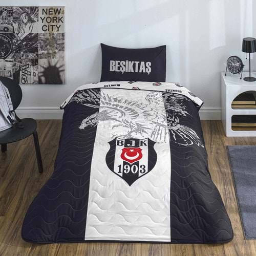 Taç Taraftar Lisanslı Pamuklu Tek Kişilik Yatak Örtüsü Seti (160x230)-Beşiktaş Kartal