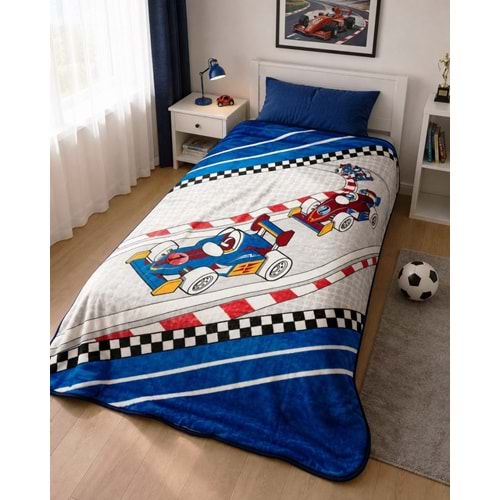 Aksu -Formula Racing Mavi- Tek Kişilik Çocuk Battaniye (155x215)
