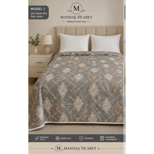 Mandaş Monalya Çok Amaçlı Çantalı Çift Kişilik Pike 190*220CM Çiçekli gri