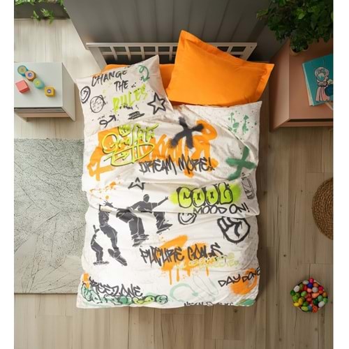 Cotton Box Rf Genç -Graffiti Oranj- Lastikli Çarşaflı Tek Kişilik Nevresim Takımı