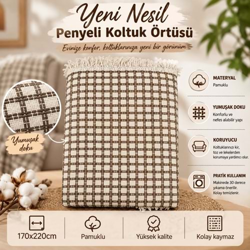 Yeni Nesil Penyeli Buldan Pamuklu Kaymaz Koltuk Örtüsü (170x220)