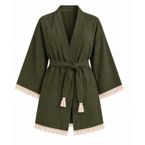 Kimono Müslin 2 Katlı Peştemal Bornoz (Beden S-M) - Haki Yeşili