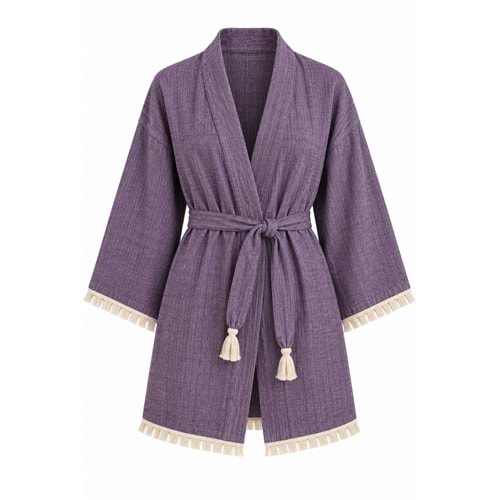 Kimono Müslin 2 Katlı Peştemal Bornoz (Beden S-M) - Mor