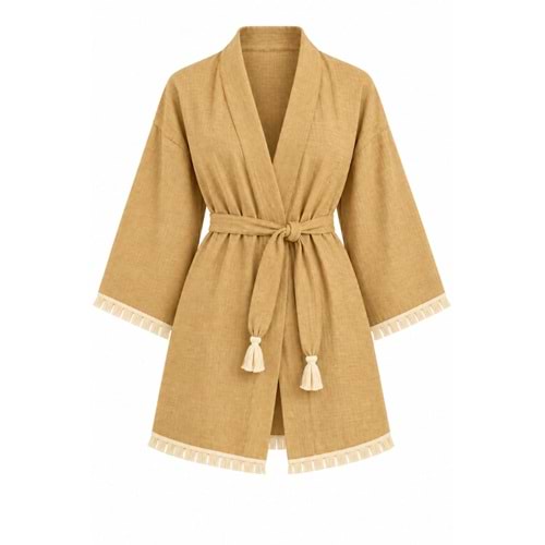 Kimono Müslin 2 Katlı Peştemal Bornoz (Beden S-M) - Sarı