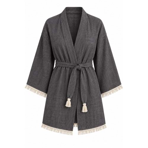 Kimono Müslin 2 Katlı Peştemal Bornoz (Beden S-M) - Siyah