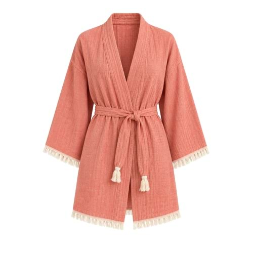 Kimono Müslin 2 Katlı Peştemal Bornoz (Beden S-M) - Somon