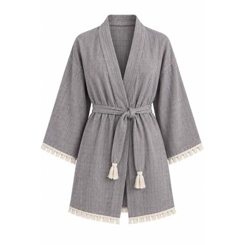 Kimono Müslin 2 Katlı Peştemal Bornoz (Beden L-XL) - Gri