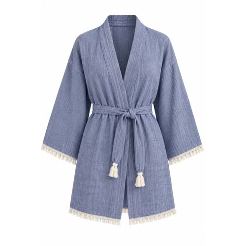 Kimono Müslin 2 Katlı Peştemal Bornoz (Beden L-XL) - İndigo
