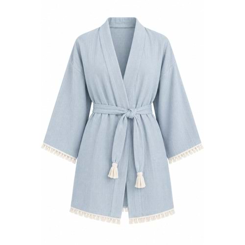 Kimono Müslin 2 Katlı Peştemal Bornoz (Beden L-XL) - Mavi Açık