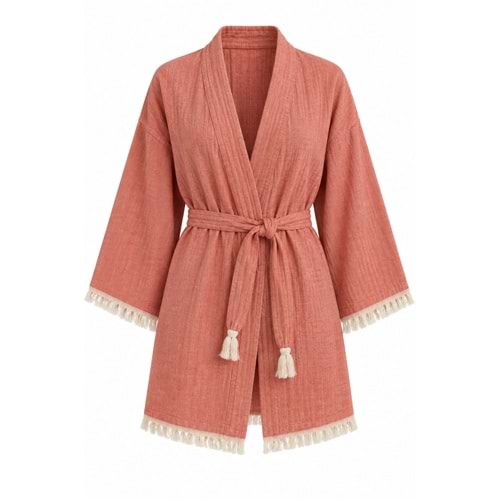 Kimono Müslin 2 Katlı Peştemal Bornoz (Beden L-XL) - Mercan