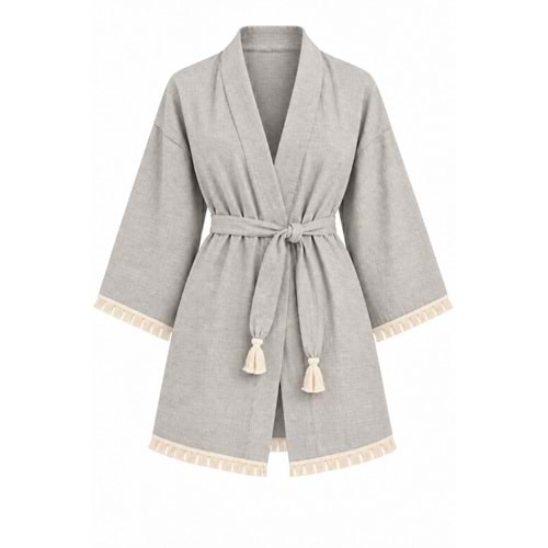 Kimono Müslin 2 Katlı Peştemal Bornoz (Beden L-XL) - Silver (Gri)