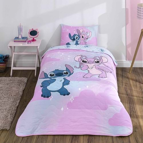 Taç Lisanslı Stitch Shiny Pamuklu Çocuk Yatak Örtüsü Seti (160x230)