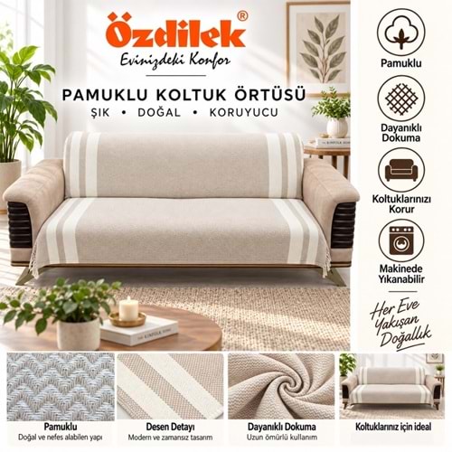 Özdilek Pamuklu Kaymaz Zigzag Koltuk Örtüsü (170x210) - Bej
