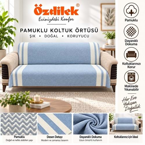 Özdilek Pamuklu Kaymaz Zigzag Koltuk Örtüsü (170x210) - İndigo
