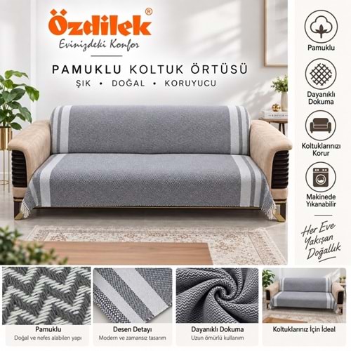Özdilek Pamuklu Kaymaz Zigzag Koltuk Örtüsü (3+3) - Antrasit