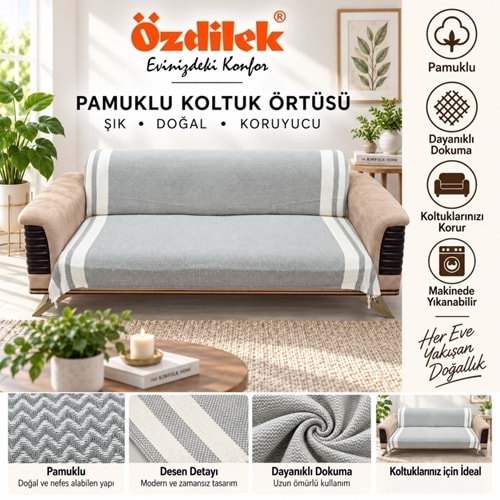 Özdilek Pamuklu Kaymaz Zigzag Koltuk Örtüsü (3+3) - Haki Yeşili