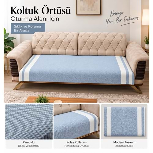 Özdilek 2 Adet Pamuklu Oturma Yerini Örten Zigzag Koltuk Örtüsü (80x210) - İndigo