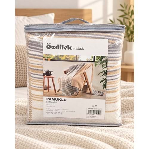 Özdilek Pamuklu Ponponlu Tek Kişilik Battaniye (150x200)-Stripe Camel