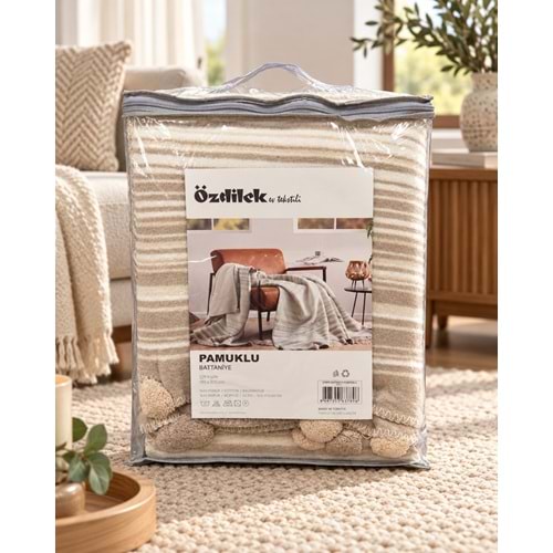 Özdilek Pamuklu Ponponlu Çift Kişilik Battaniye (180x220)-Stripe Bej