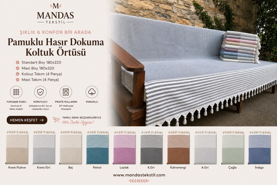 Mandaş Pamuklu Kaymaz Hasır Dokuma Koltuk-Çekyat Örtüsü (180x220)