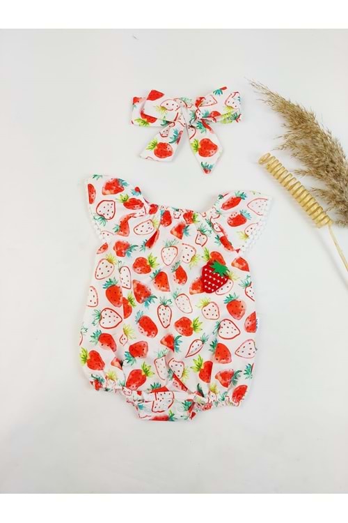 Strawberry Saç Bantlı Kız Bebek Yazlık Tulum