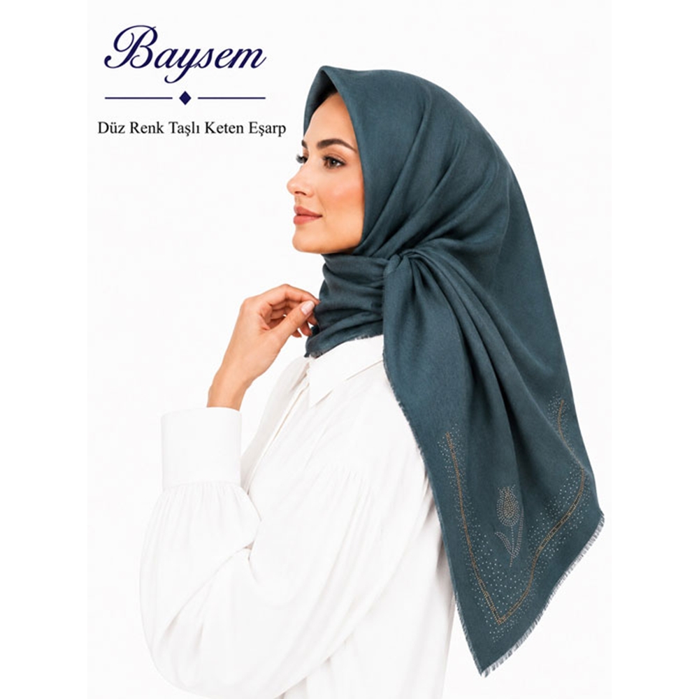 Baysem Düz Renk Taşlı Keten Eşarp - Desen-02