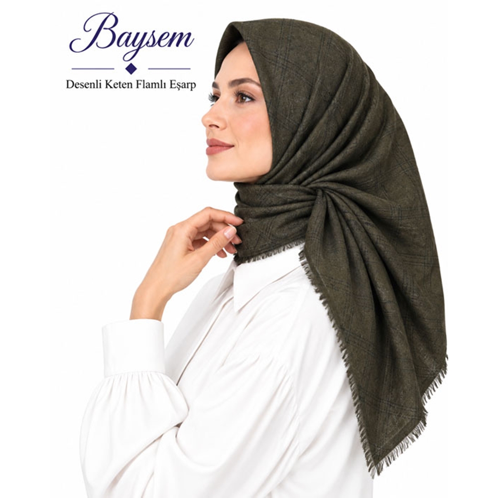 Baysem Desenli Keten Flamlı Eşarp - Desen-30